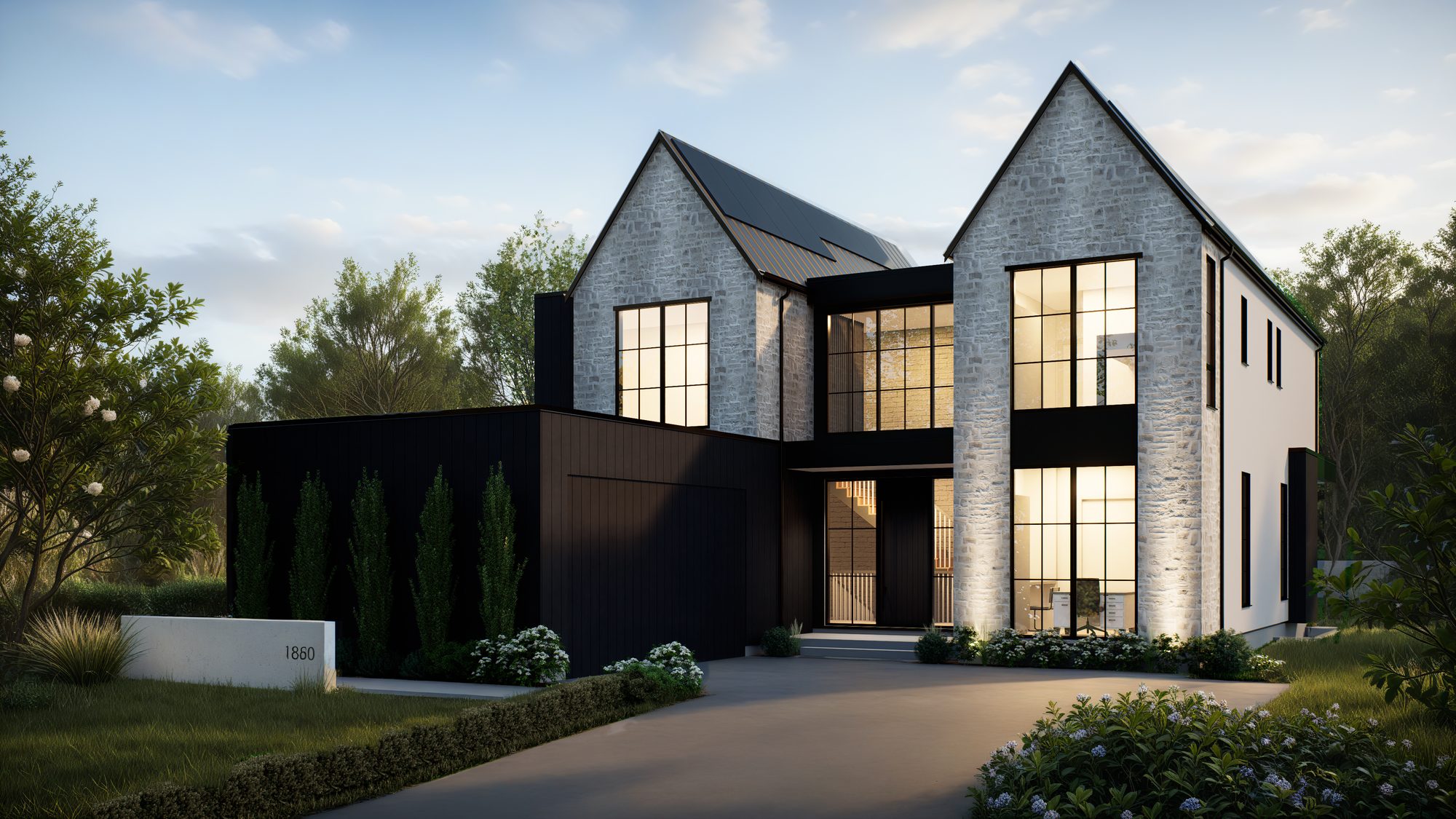 Modern custom home at dusk in Ocean Park, South Surrey
